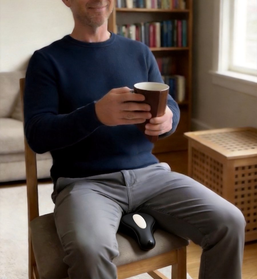 Man sitting on the Octipa Pelvic Pulse for his 15-minute morning session